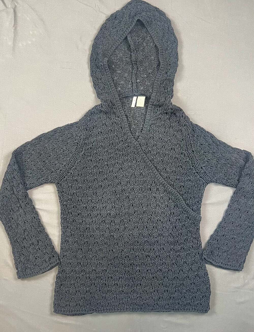 Moth Anthropologie Gray Open Knit Crochet Wrap Hooded Sweater XL